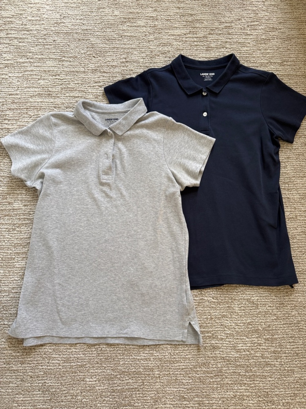 Bundle of 2 Lands’End Girls XL Short Sleeved Navy/Gray Polo Shirts